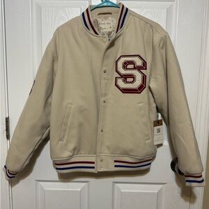 NEW W/TAGS | Stylish Beige Varsity Jacket with Maroon Accents